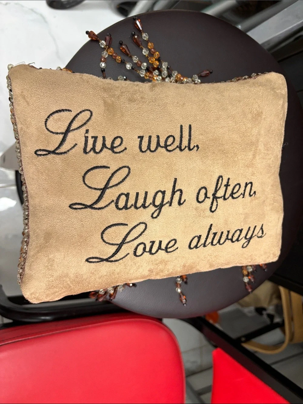 Pier 1 Beige Beaded Accent Pillow with Inspirational Script-NWOT(over 5lb)